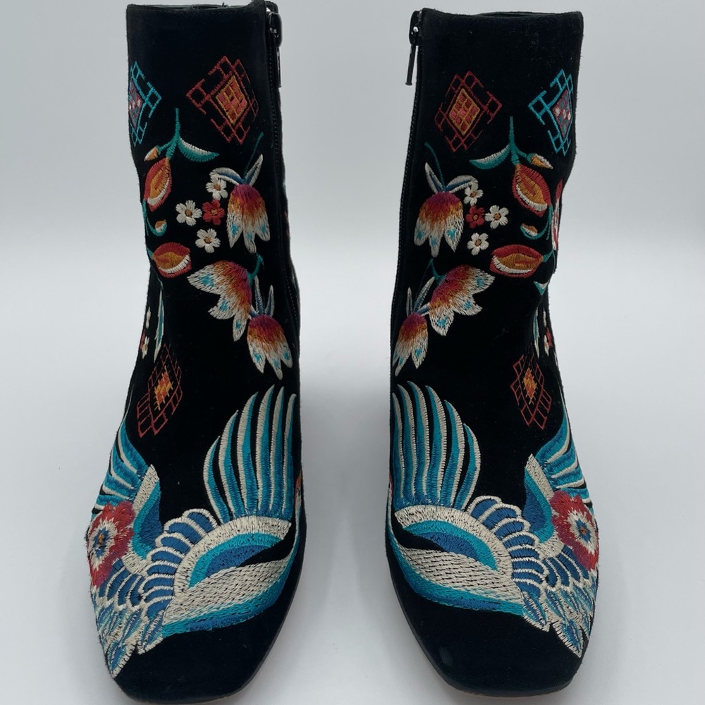 Embroidered Black Velvet Ankle Boots with Multicolor Floral Accents - Picture 7 of 16